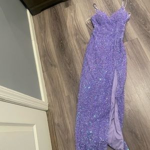 Purple sequined prom dress with slit